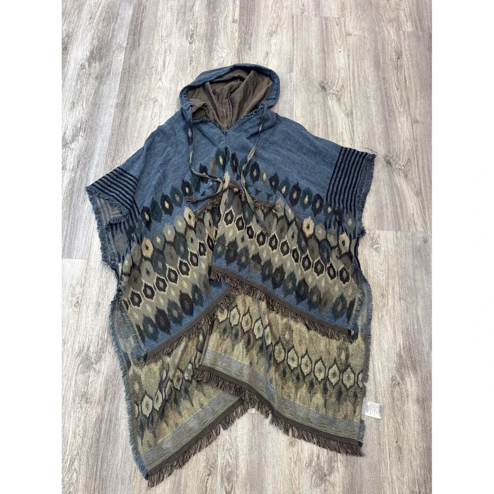 Free People The Casablanca Hooded‎ Poncho Blue Fringe Metallic Size OS